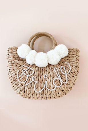Hand-Lettered Bride Straw Handbag with Pom Poms Image